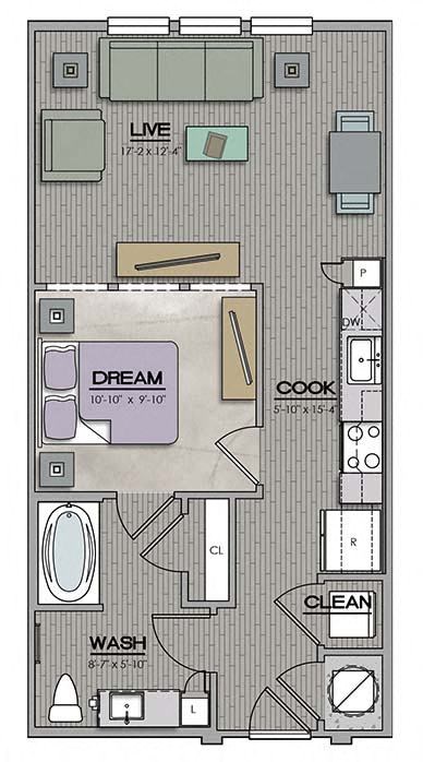S1 1 bath Floor Plan at The Jamestown Apartment Flats, Virginia, 23224
